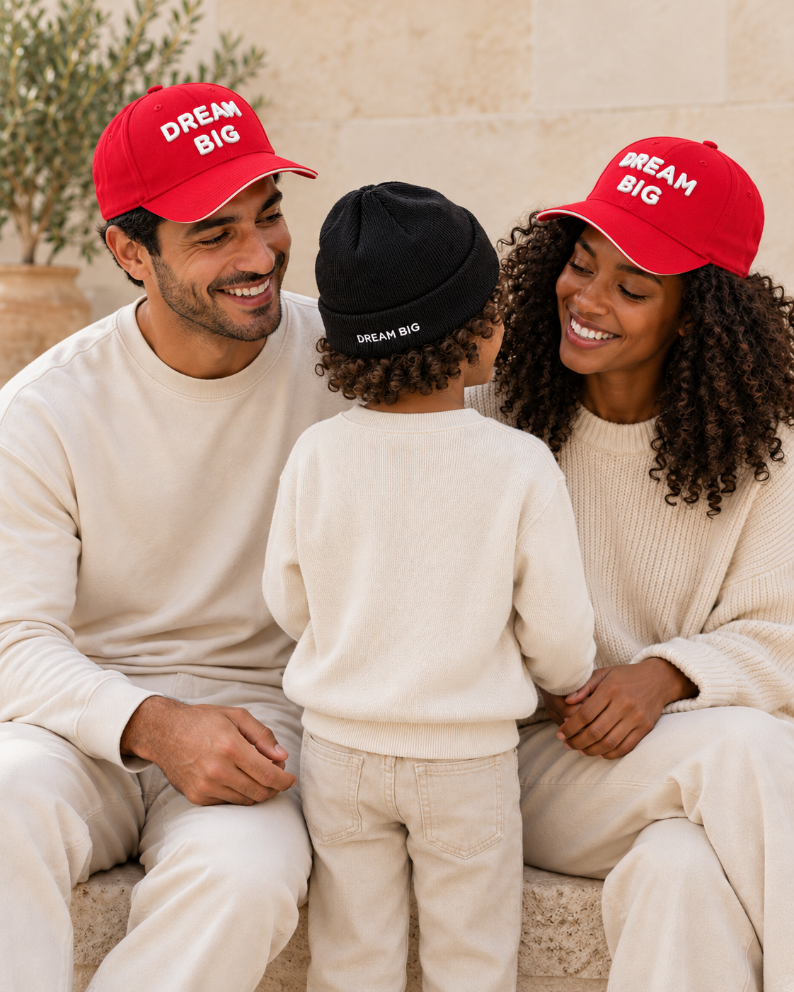 DREAM BIG family wearing red caps and black kids beanie, rear message view