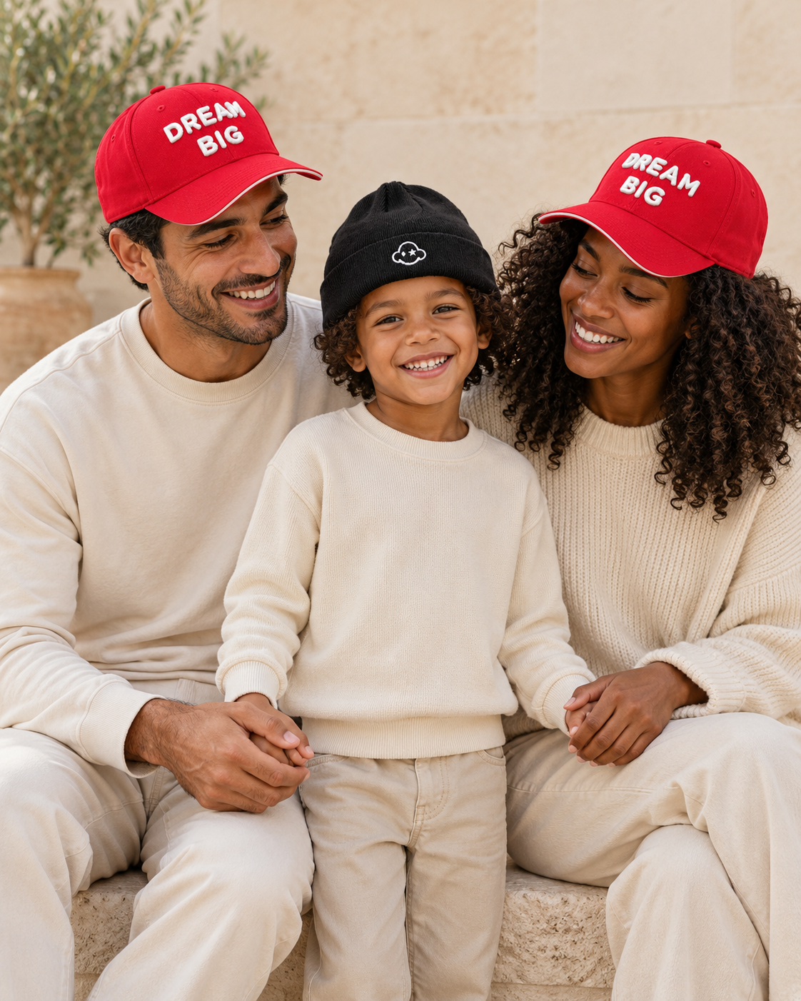 DREAM BIG family wearing red caps and black kids beanie, front logo view