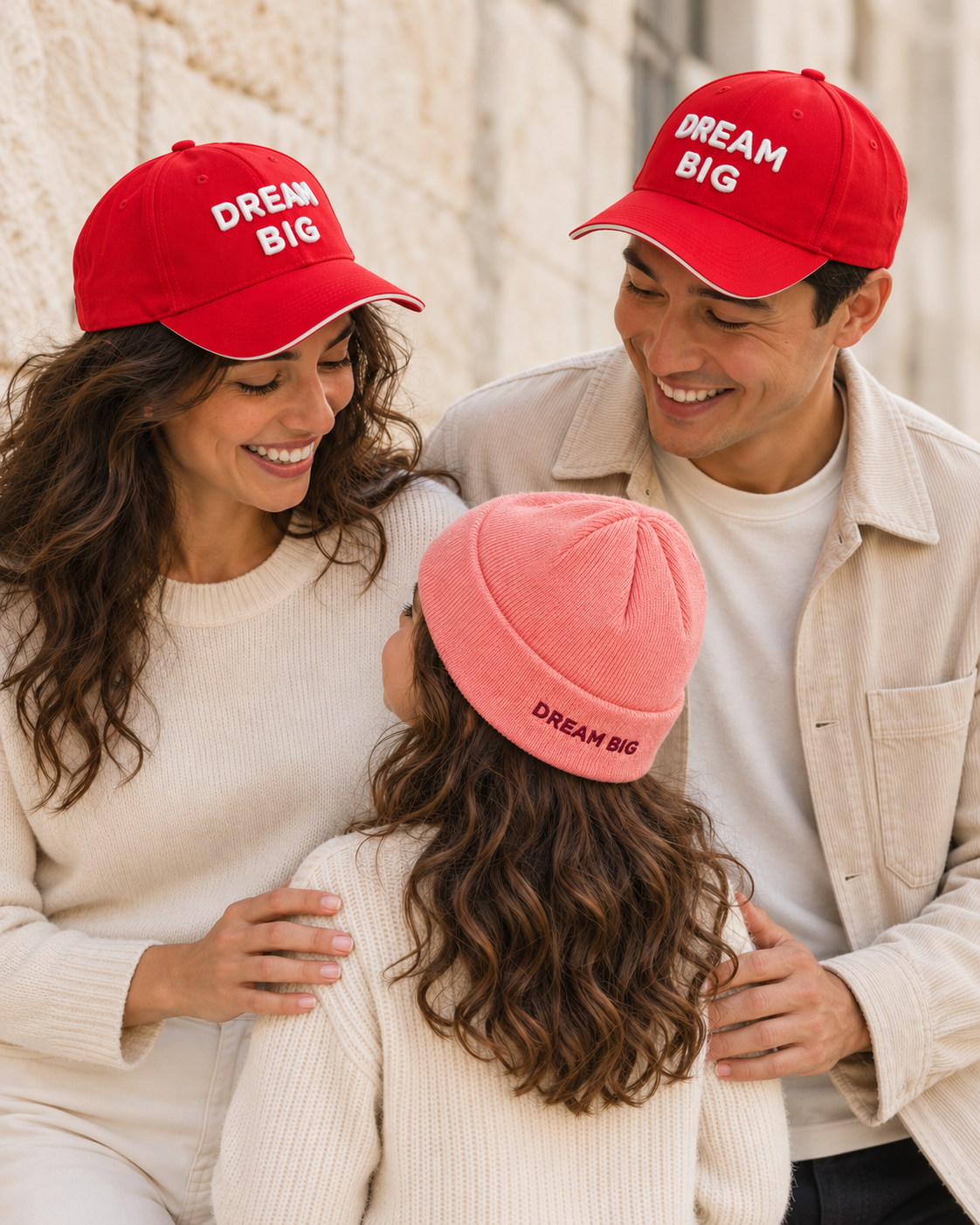 DREAM BIG family wearing red caps and pink kids beanie, rear message view