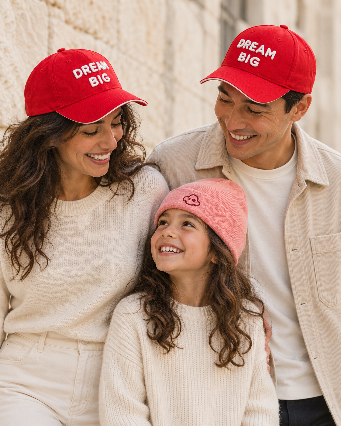 DREAM BIG family wearing red caps and pink kids beanie, front logo view
