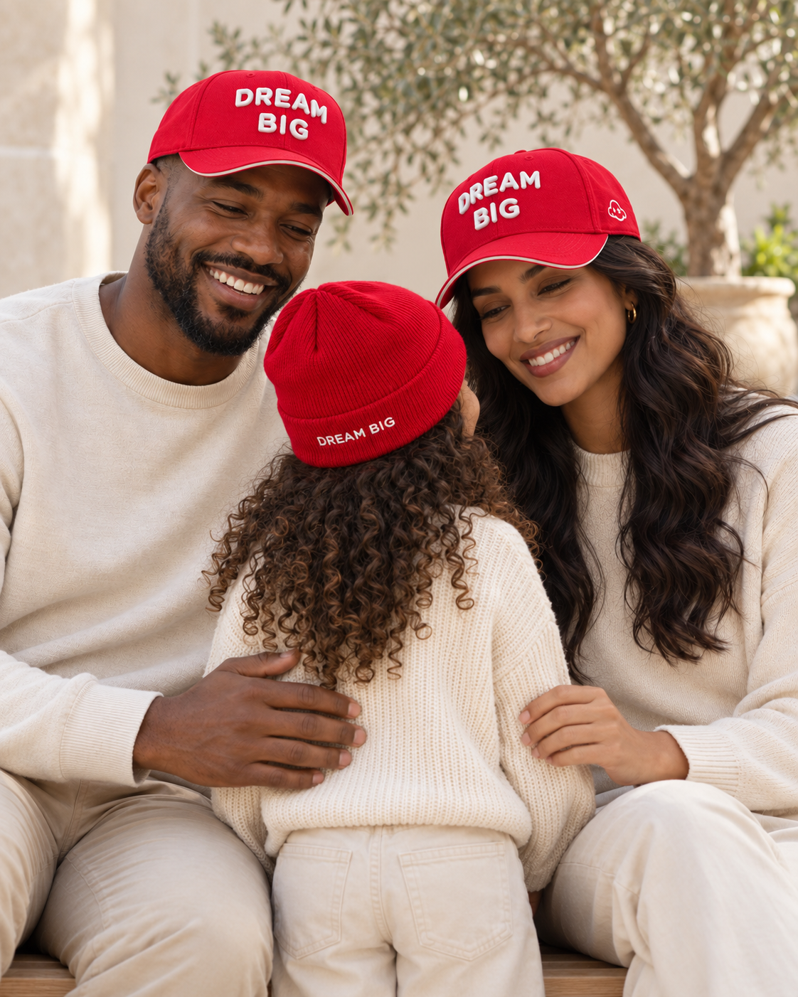DREAM BIG family wearing red caps and red kids beanie, rear message view