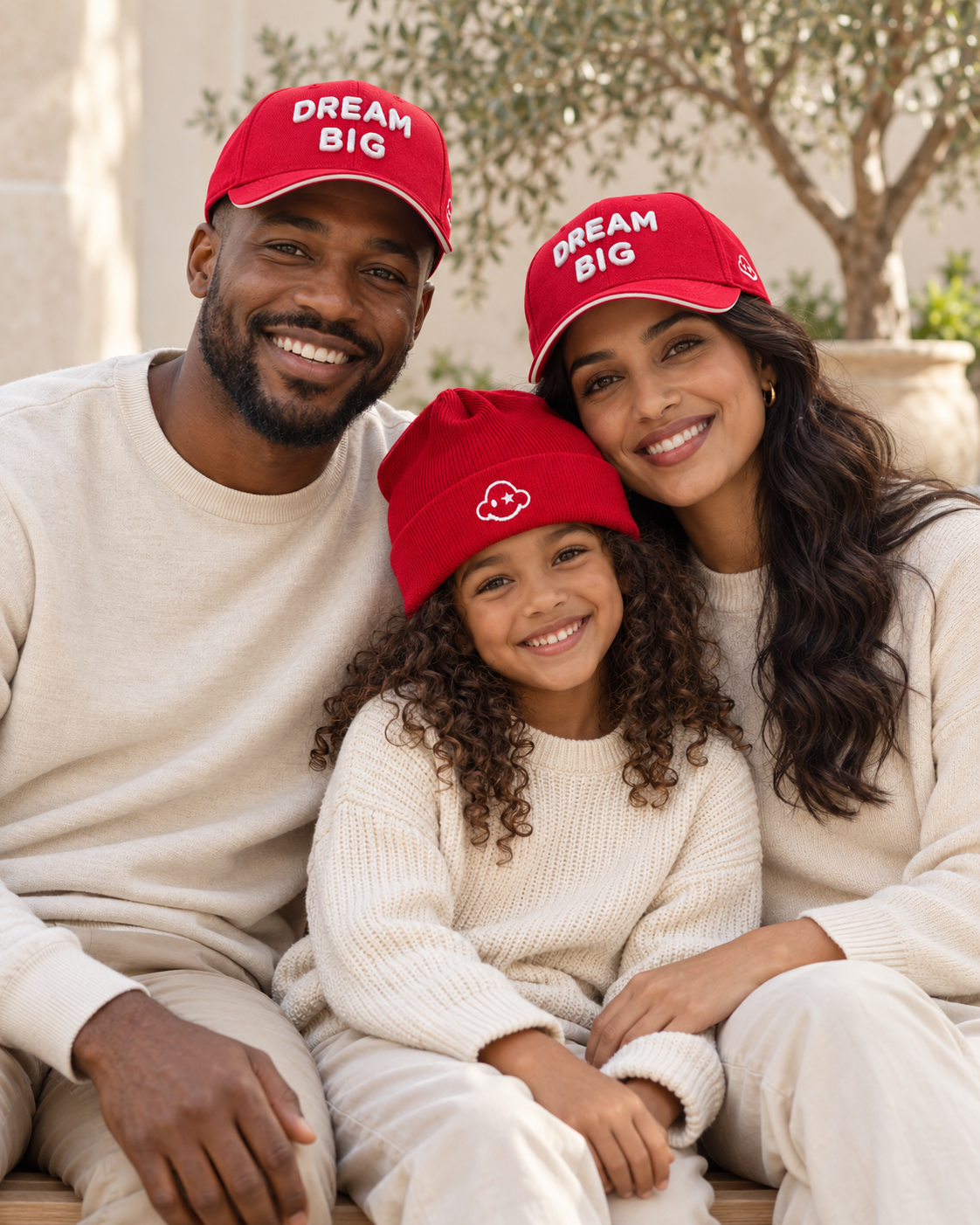 DREAM BIG family wearing red caps and red kids beanie, front logo view