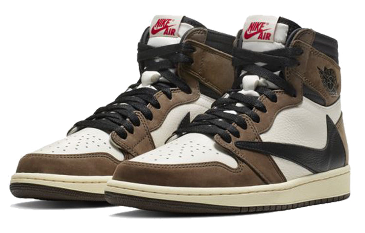 Pair of Nike Air high-top sneakers with brown, white, and black design on a white background. Nike shoes Jordans dunks 