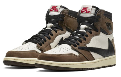 Pair of Nike Air high-top sneakers with brown, white, and black design on a white background. Nike shoes Jordans dunks 