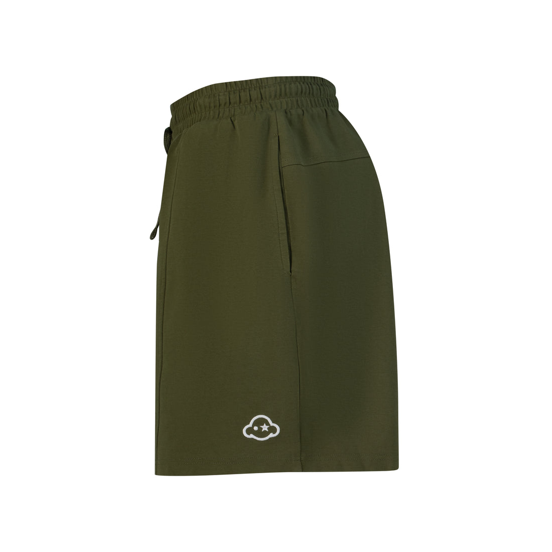 Green shorts with a cloud logo on a white background. White cotton activewear pants with a small black logo on the left leg, featuring a relaxed fit and drawstring waist. 100% Cotton available in Dubai same day delivery best of summer and winter casual streetwear unisex men and women shorts and t-shirts available in UAE fast delivery and same day delivery available Pants joggers jogger pants