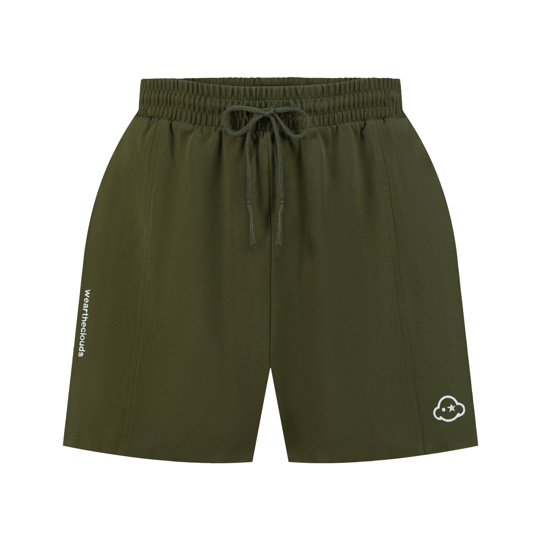 Green shorts with a drawstring on a white background. White cotton activewear pants with a small black logo on the left leg, featuring a relaxed fit and drawstring waist. 100% Cotton available in Dubai same day delivery best of summer and winter casual streetwear unisex men and women shorts and t-shirts available in UAE fast delivery and same day delivery available Pants joggers jogger pants