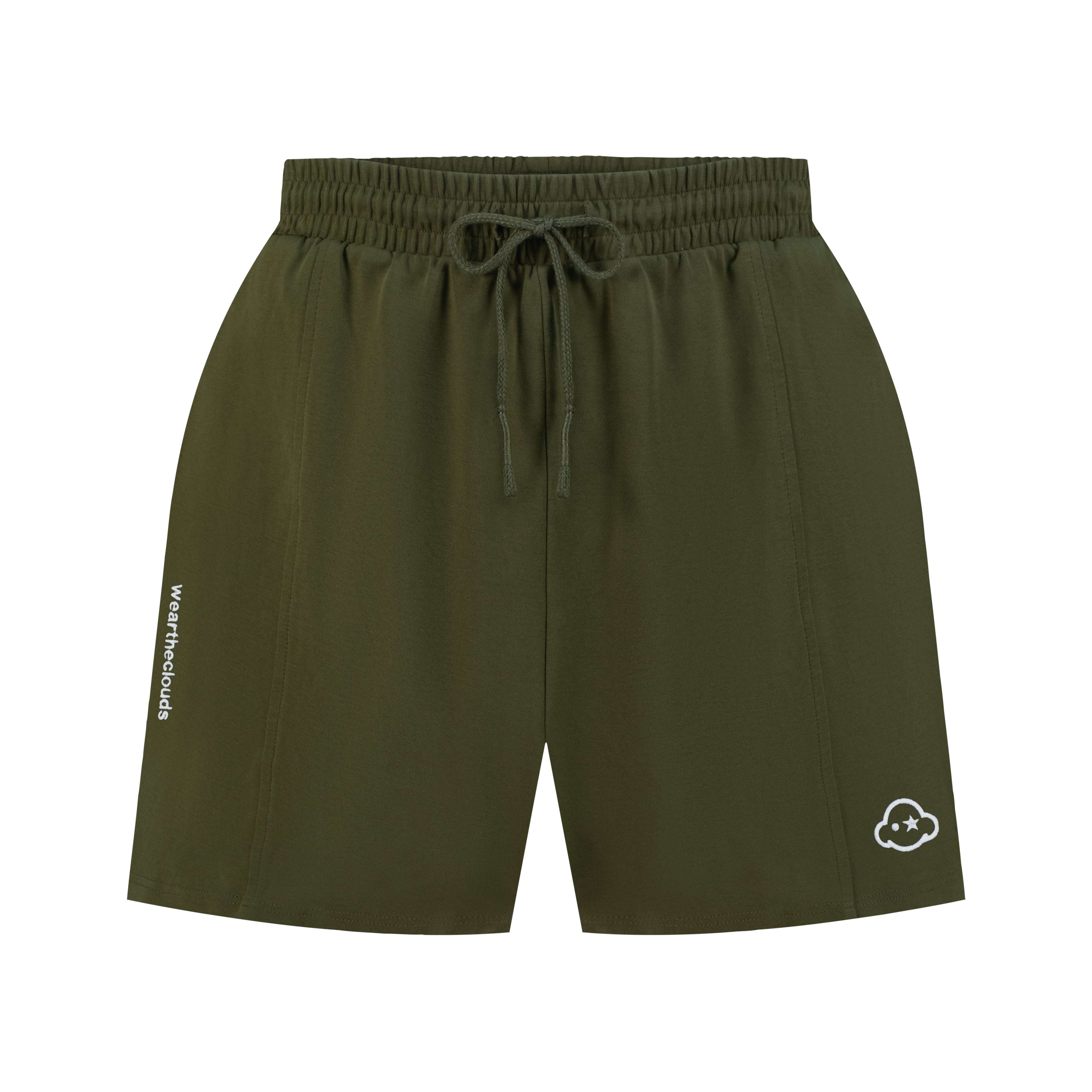 Green shorts with a drawstring on a white background. White cotton activewear pants with a small black logo on the left leg, featuring a relaxed fit and drawstring waist. 100% Cotton available in Dubai same day delivery best of summer and winter casual streetwear unisex men and women shorts and t-shirts available in UAE fast delivery and same day delivery available Pants joggers jogger pants