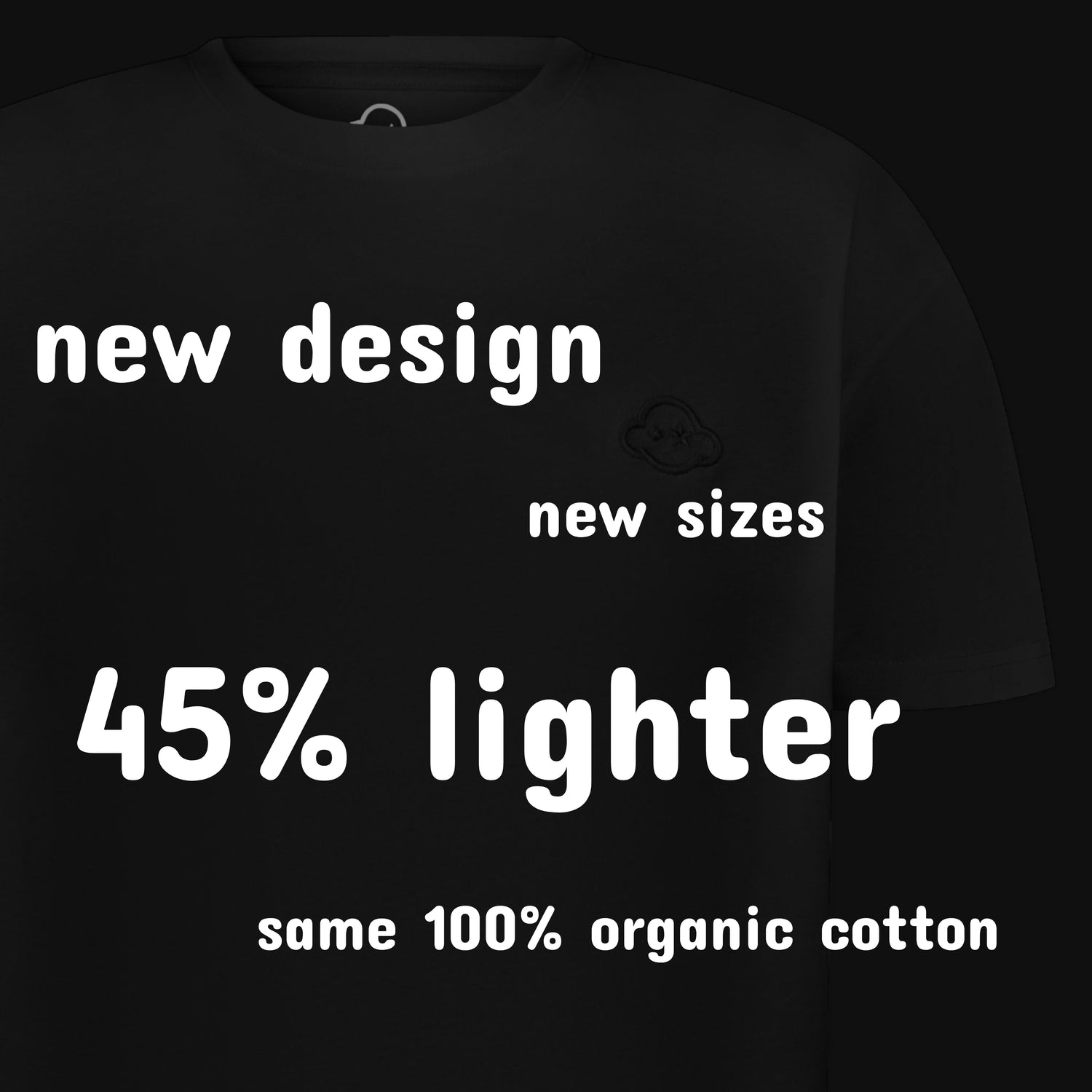 Black t-shirt with white text highlighting new design, sizes, weight, and material on a black background. 100% Cotton available in Dubai same day delivery best of summer and winter casual streetwear unisex men and women