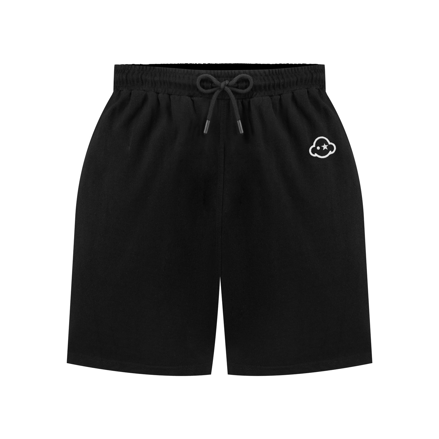Black cotton activewear shorts with a small white logo on the left leg and an adjustable drawstring waistband. 100% Cotton available in Dubai same day delivery best of summer and winter casual streetwear unisex men and women