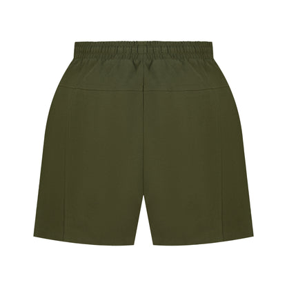 Green shorts on a white background. White cotton activewear pants with a small black logo on the left leg, featuring a relaxed fit and drawstring waist. 100% Cotton available in Dubai same day delivery best of summer and winter casual streetwear unisex men and women shorts and t-shirts available in UAE fast delivery and same day delivery available Pants joggers jogger pants