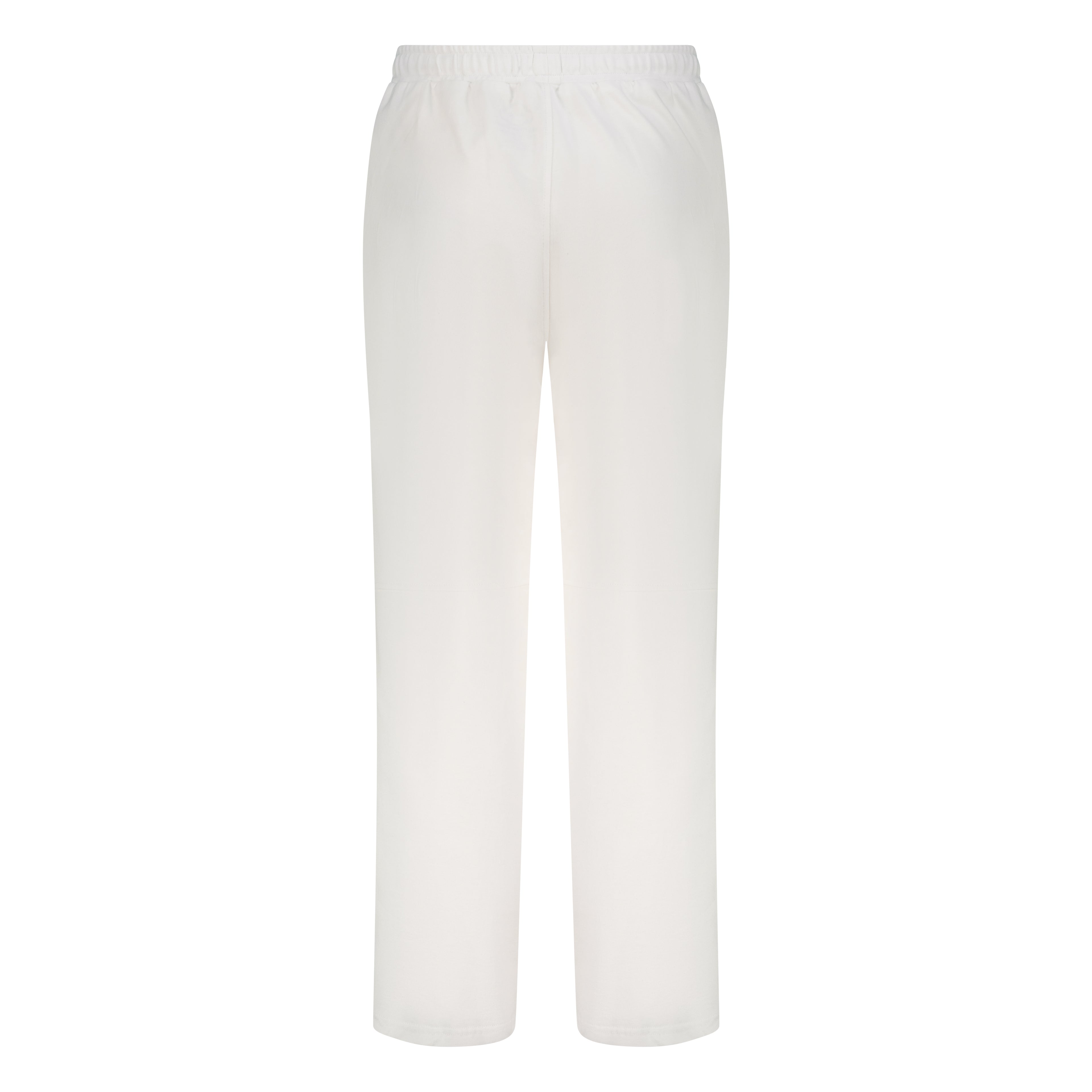 White cotton activewear pants with a small black logo on the left leg, featuring a relaxed fit and drawstring waist. 100% Cotton available in Dubai same day delivery best of summer and winter casual streetwear unisex men and women shorts and t-shirts available in UAE fast delivery and same day delivery available Pants joggers jogger pants