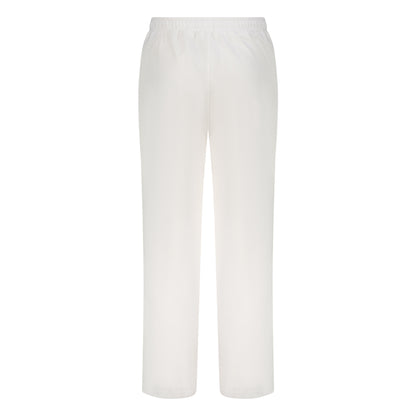 White cotton activewear pants with a small black logo on the left leg, featuring a relaxed fit and drawstring waist. 100% Cotton available in Dubai same day delivery best of summer and winter casual streetwear unisex men and women shorts and t-shirts available in UAE fast delivery and same day delivery available Pants joggers jogger pants
