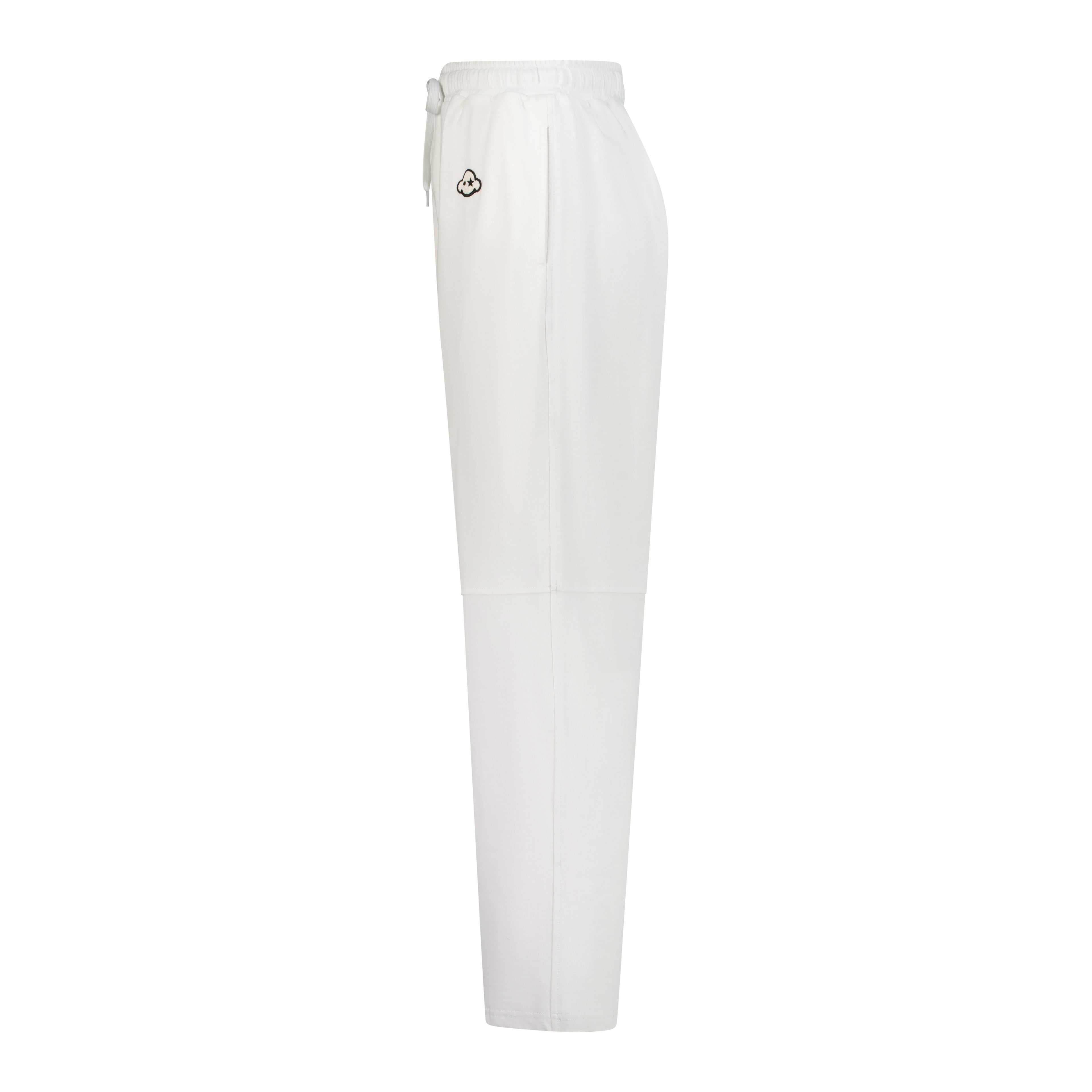 White cotton activewear pants with a small black logo on the left leg, featuring a relaxed fit and drawstring waist. 100% Cotton available in Dubai same day delivery best of summer and winter casual streetwear unisex men and women shorts and t-shirts available in UAE fast delivery and same day delivery available Pants joggers jogger pants